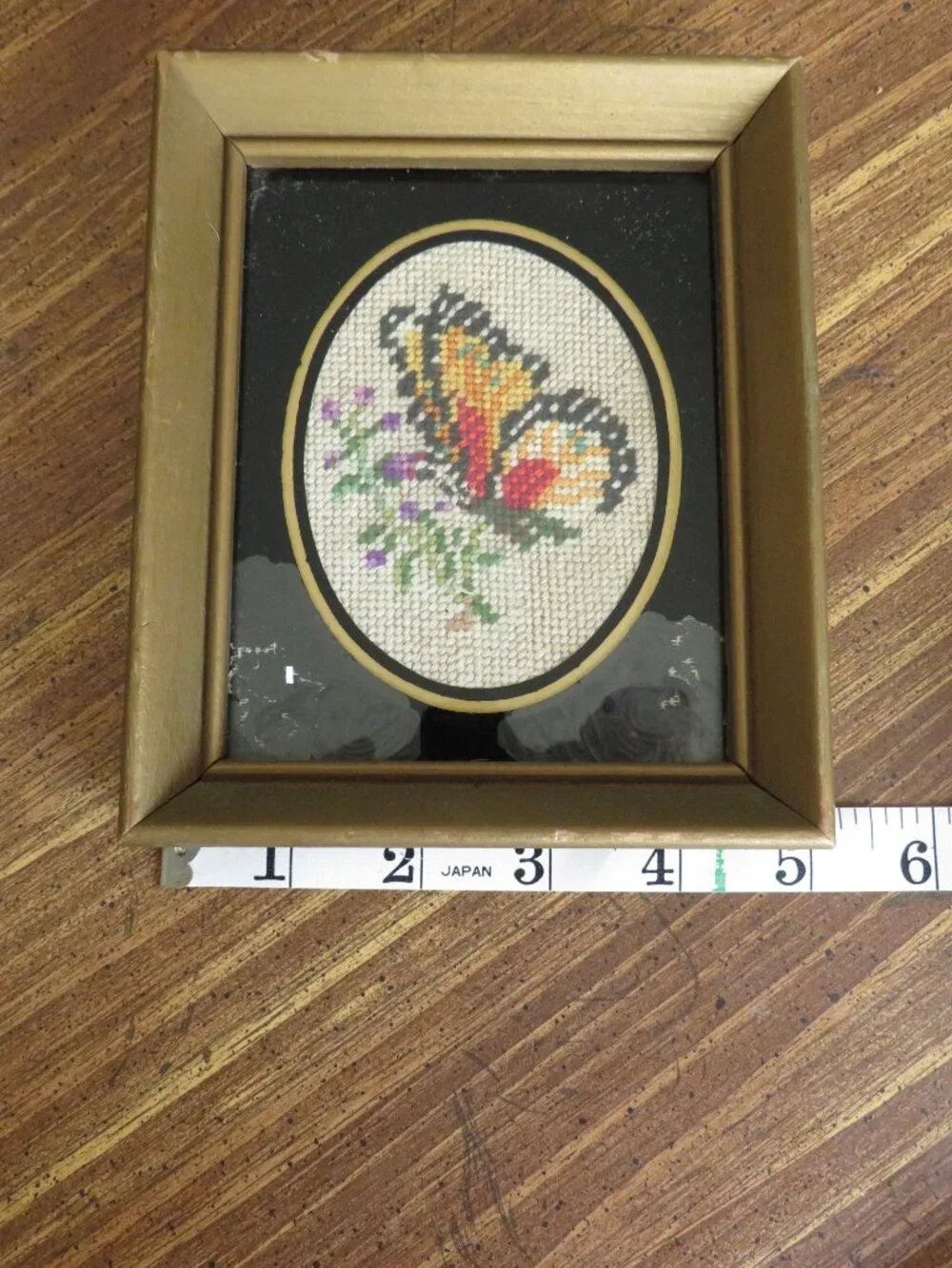 Vintage Butterfly Cross‑Stitch Art in Gold Frame –  Wall Decor, Handmade